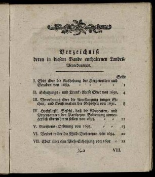 Verzeichniß deren in diesem Bande enthaltenen Landes-Verordnungen.