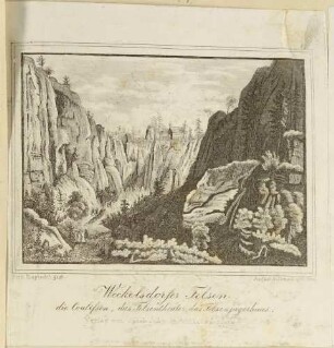 Die Kulissen, das Felsentheater und das Felsenjägerhaus in der Adersbach-Weckelsdorfer Felsenstadt (Adršpašsko-Teplické skály) im nordöstlichen Teil Böhmens, aus dem Sammelwerk Beschreibung vom Felsenthal bei Weckelsdorf