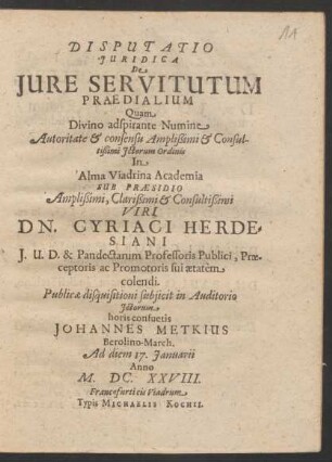 Disputatio Iuridica De Iure Servitutum Praedialium