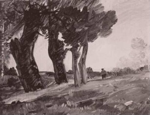 Landschaft mit vier Bäumen und roter Figur