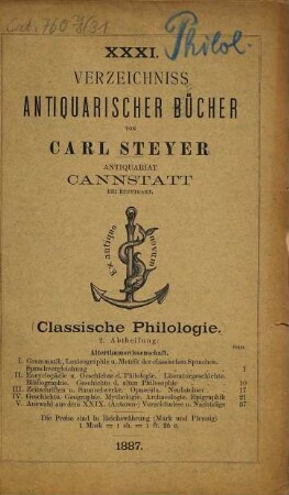 Verzeichniss antiquarischer Bücher von Carl Steyer, Antiquariat, Cannstatt bei Stuttgart. 31. 1887 = Abth. 2