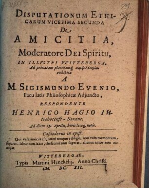 Disputationum Ethicarum Vicesima Secunda De Amicitia