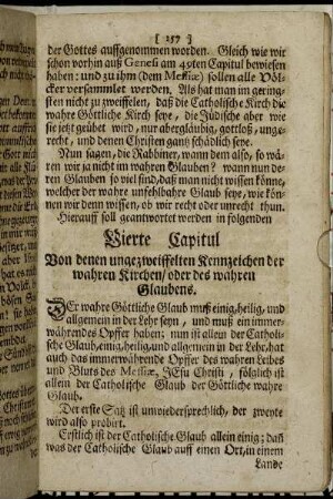 ...Vierte Capitul Von denen ungezweiffelten Kennzeichen der wahren Kirchen/ oder des wahren Glaubens.