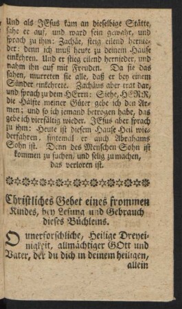 Christliches Gebet eines frommen Kindes, bey Lesung und Gebrauch dieses Büchleins