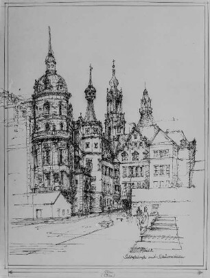 Dresden, Residenzschloss. Entwurf für den Wiederaufbau als Museumskomplex. Ansicht von der Schloßstraße