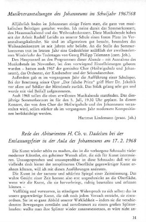 Rede des Abiturienten H. Ch. v. Dadelsen bei der Entlassungsfeier in der Aula des Johanneums am 17.2.1968