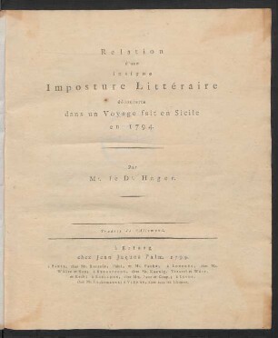 Relation d'une insigne Imposture Littéraire découverte dans un Voyage fait en Sicile en 1794.