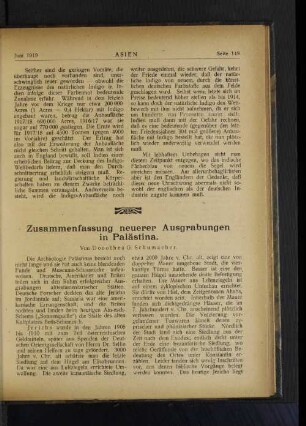 Zusammenfassung neuerer Ausgrabungen in Palästina.