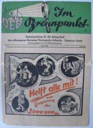 Titelblatt der Betriebszeitung des VEB Thüringische Zellwolle Schwarza/Saale zur Materialeinsparung