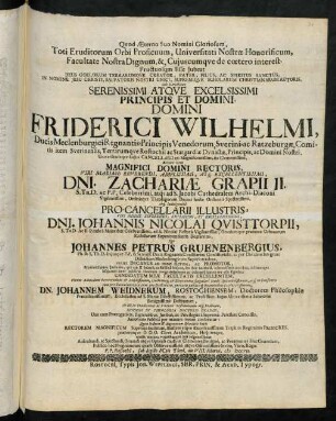 Qvod Aeterno Suo Nomini Gloriosum, Toti Eruditorum Orbi Proficuum, Universitati Nostrae Honorificum, Facultate Nostra Dignum, & Cujuscumqve de coetero interest, Frutuosum Esse Jubeat ... : Sub Directione ... Friderici Wilhelmi, Ducis Meclenburgici Regnantis ... Ego Johannes Petrus Gruenenbergius ... Candidatum ... Johannem Weidnerum ... Summus in Theologia Doctoris Gradus ... per manum meam conferatur ...