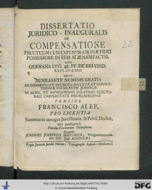 Dissertatio Juridico-Inauguralis De Compensatione Fructuum Cum Expensis A Bonæ Fidei Possessore In Rem Alienam Factis, Sive Germana Leg. 48. FF. De Rei Vind. Explanatio