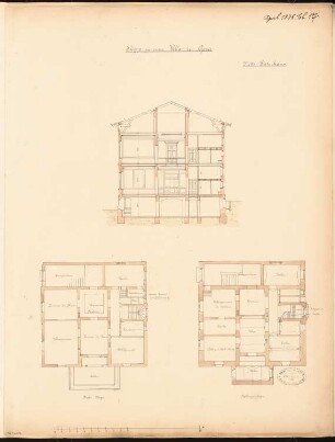 Villa, Gera Monatskonkurrenz April 1878: Grundriss Keller, Obergeschoss, Querschnitt; Maßstabsleiste