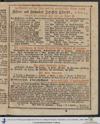 Landkalender auf das Jahr nach der gnadenreichen Geburt unsers Herrn und Heilandes Jesu Christi, 1801.