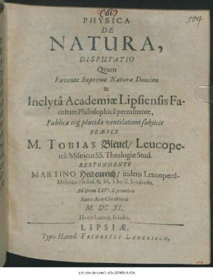 Physica De Natura, Disputatio