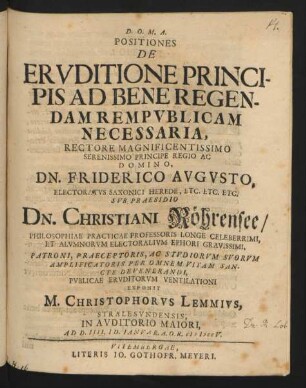 Positiones De Eruditione Principis Ad Bene Regendam Rempublicam Necessaria