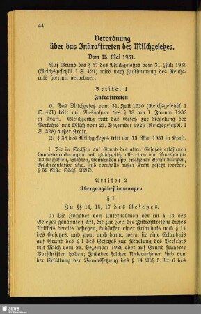 Verordnung über das Inkrafttreten des Milchgesetzes : Vom 15. Mai 1931