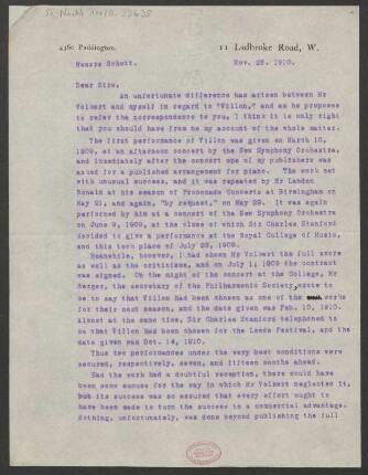 Brief an B. Schott's Söhne : 23.11.1910