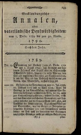 Mecklenburgische Annalen, oder vaterländische Denkwürdigkeiten: vom 1. Decbr. 1789 bis zum 30. Novbr. 1790