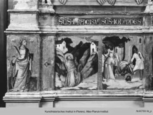 Triptychon : Triptychon: Predella: Stigmatisierung des Franziskus, Enthauptung des Johannes, Schmerzensmann mit Maria und Johannes, Szene aus dem Leben des heiligen Frosinus und Martyrium des Laurentius
