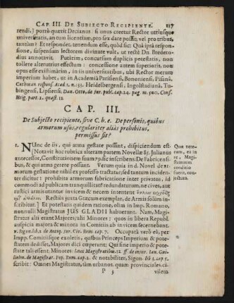 Cap. III. De Subiecto recipiente, sive C. h. e. De personis, quibus armorum usus, regulariter alias prohibitus, permissus sit?