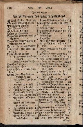 Specification der Rubriquen des Staats-Calenders.