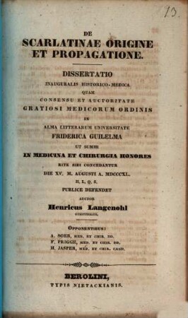 De scarlatinae origine et propagatione : Diss. inaug. hist. med.
