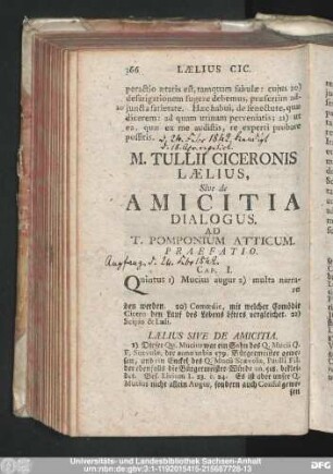 M. Tullii Ciceronis Laelius, Sive de Amicitia Dialogus. Ad T. Pomponium Atticum.