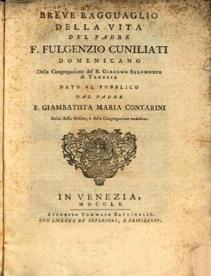 Breve Ragguaglio della Vita del Padre f. Fulgenzio Cuniliati