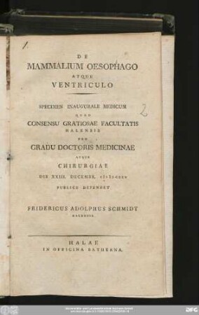De Mammalium Oesophago Atque Ventriculo : Specimen Inaugurale Medicum