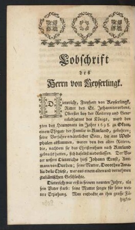 Lobschrift des Herrn von Keyserlingk.
