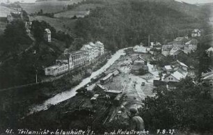 Hochwasserkatastrophe 8./9.7.1927 im Osterzgebirge : Glashütte nach der Hochwasserkatastrophe vom 8. zum 9. Juli 1927. Ortsteilansicht mit zerstörter Bahnlinie und Bahnhof. Blick vom Sporn zwischen Müglitz- und Brießnitztal talauf