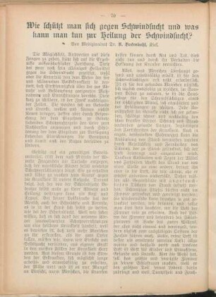 Wie schützt man sich gegen Schwindsucht und was kann man tun zur Heilung der Schwindsucht? Von Medizinalrat Dr. A. Beckendahl, Kiel.