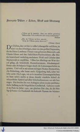 Francois Villon. Leben, Werk und Wertung.