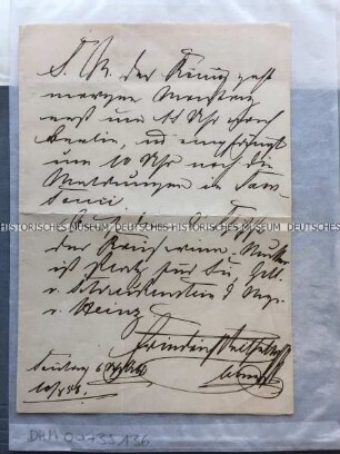Brief Friedrich Wilhelms IV. an Helmuth Freiherr von Moltke wegen eines Termins und eines Treffens mit anderen Militärs (mit Briefumschlag)