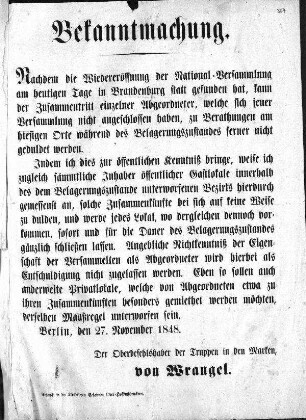 Bekanntmachung. Nachdem die Wiedereröffnung der National=Versammlung am heutigen Tage in Brandenburg statt gefunden hat, [...] (Sammlung Friedlaender)