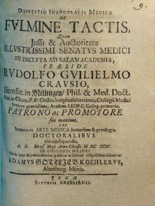Disputatio Inauguralis Medica De Fulmine Tactis