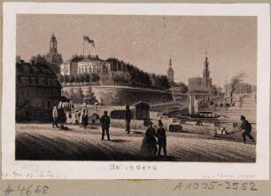 Blick vom Ausschiffungsplatz an der Elbe in Dresden nach Westen auf die Brühlsche Terrasse mit dem Vierten Belvedere und die Altstadt