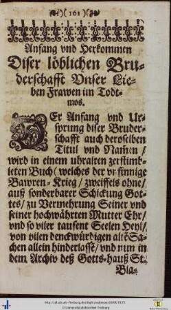Anfang und Herkommen dieser löblichen Bruderschafft Unser Lieben Frawen im Todtmos.