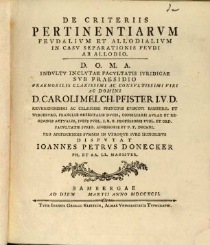 De Criteriis Pertinentiarvm Fevdalivm Et Allodialivm In Casv Separationis Fevdi Ab Allodio