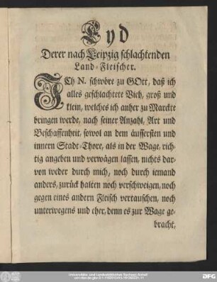 Eyd Derer nach Leipzig schlachtenden Land-Fleischer.