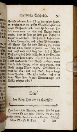 Brief der Lady Hariote an Clarissen. - Brief des Jakobs an Sir Derby.