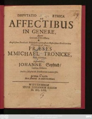 Disputatio [...] Ethica De Affectibus In Genere