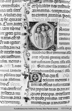 Missale Romanum : Textseite mit historisierter Initiale C: Drei singende Kleriker und ornamentierter Initiale D
