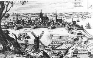 Stralsund. Stadtansicht mit Bockmühle im Vordergrund, Kupferstich von H. Westphalen, um 1650, Ausschnitt