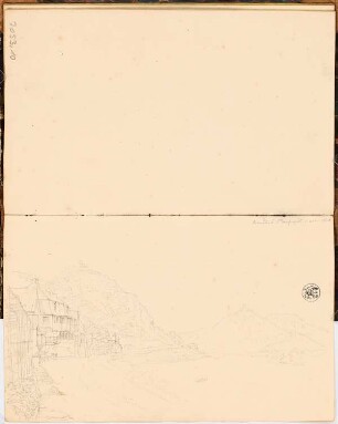 Reiseskizzenbuch 1828: Rolandseck und Drachenfels: Perspektivische Ansicht Rolandseck und Drachenfels