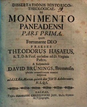 Dissertationis Historico-Theologicae, De Monimento Paneadensi, 1