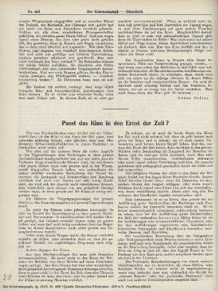 Passt das Kino in den Ernst der Zeit ?