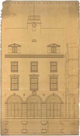 Billing, Hermann; Karlsruhe (Baden-Württemberg), Ritterstr.; Bebauung Ettlinger Tor, Städtische Feuerwache - Vorderfassade, Ausschnitt (Grundriss; Ansicht; Schnitt)