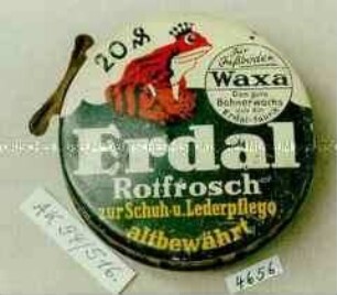 Blechdose mit Deckelheber für Schuhcreme "Erdal Rotfrosch zur Schuh- u. Lederpflege altbewährt für Fußböden WAXA das gute Bohnerwachs aus der Erdal-Fabrik"