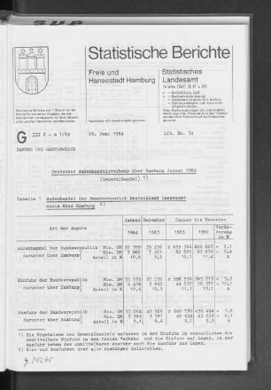 Deutscher Außenhandelsverkehr über Hamburg Januar 1984 (Generalhandel) : Lfd. Nr. 34